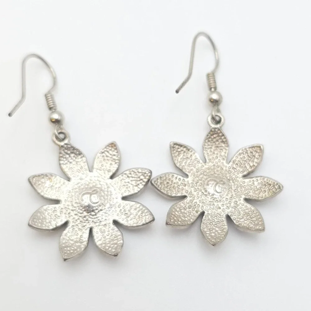 Signed C Earrings Purple Enamel Flower Clear Crystal Accents Dangle Silver‎ Tone